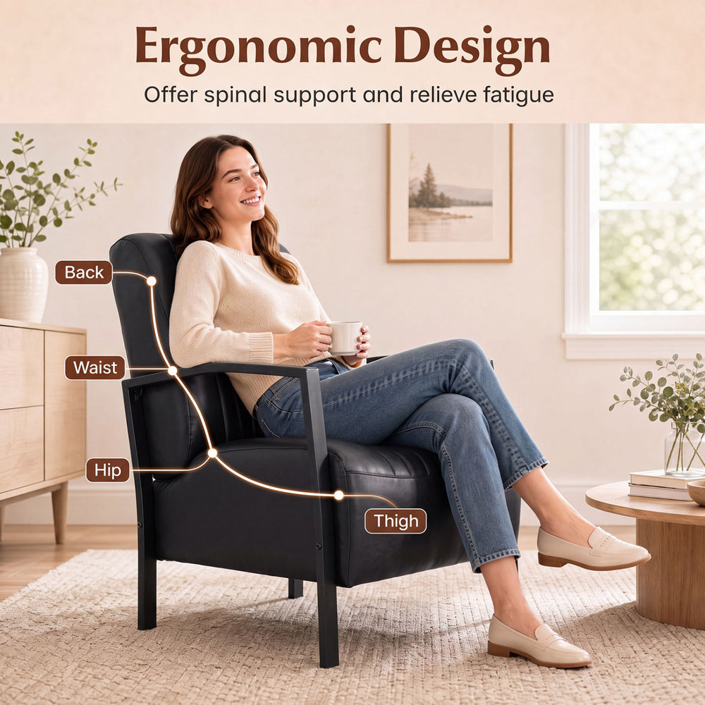 Black PU leather upholstered armchair featuring ergonomic design for spinal support and comfort in any living space.