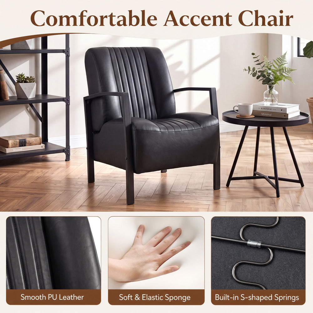 Black PU leather upholstered armchair with padded seat and ergonomic design, ideal for living rooms and offices.