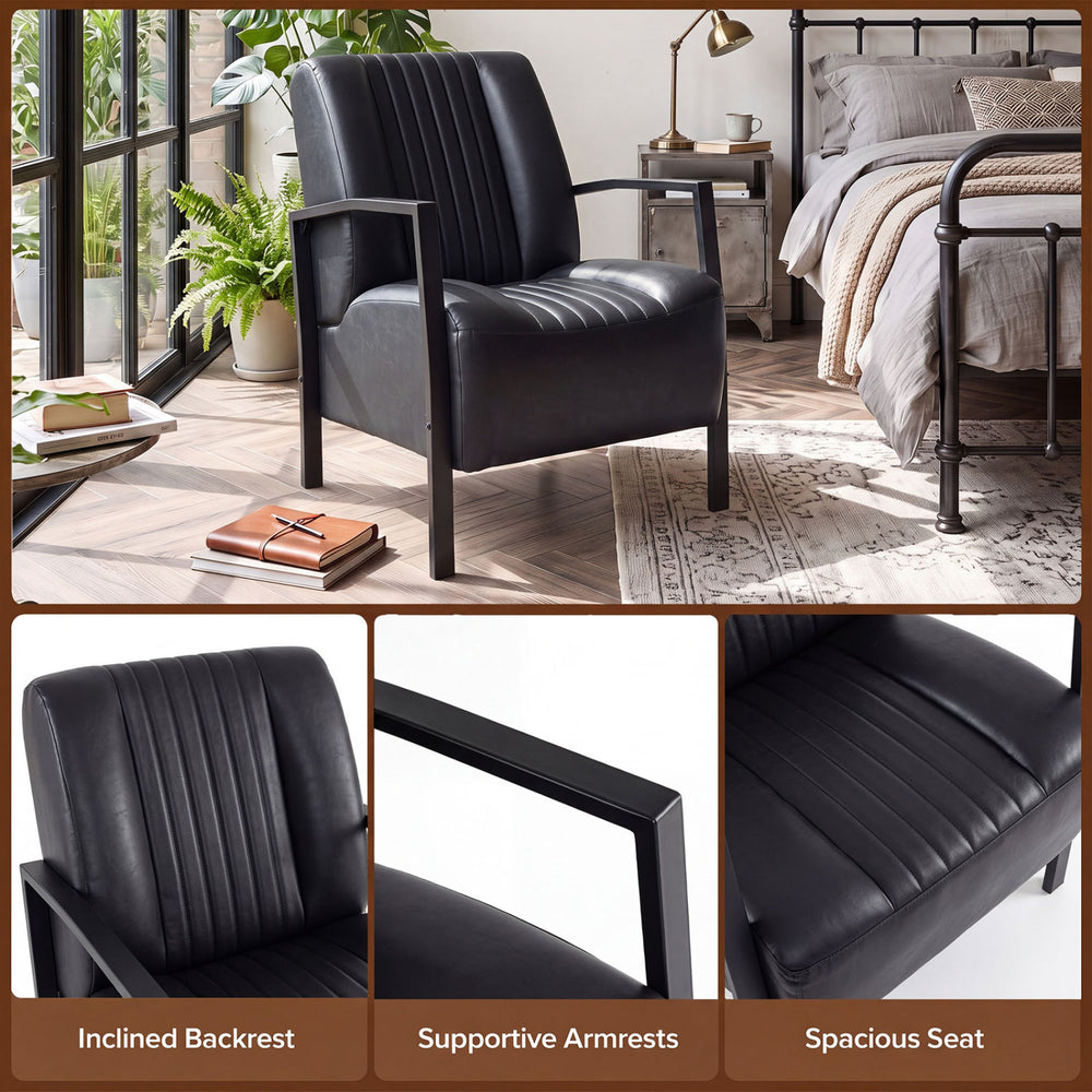 Black PU leather upholstered armchair with padded seat, inclined backrest, and supportive armrests for comfortable lounging.