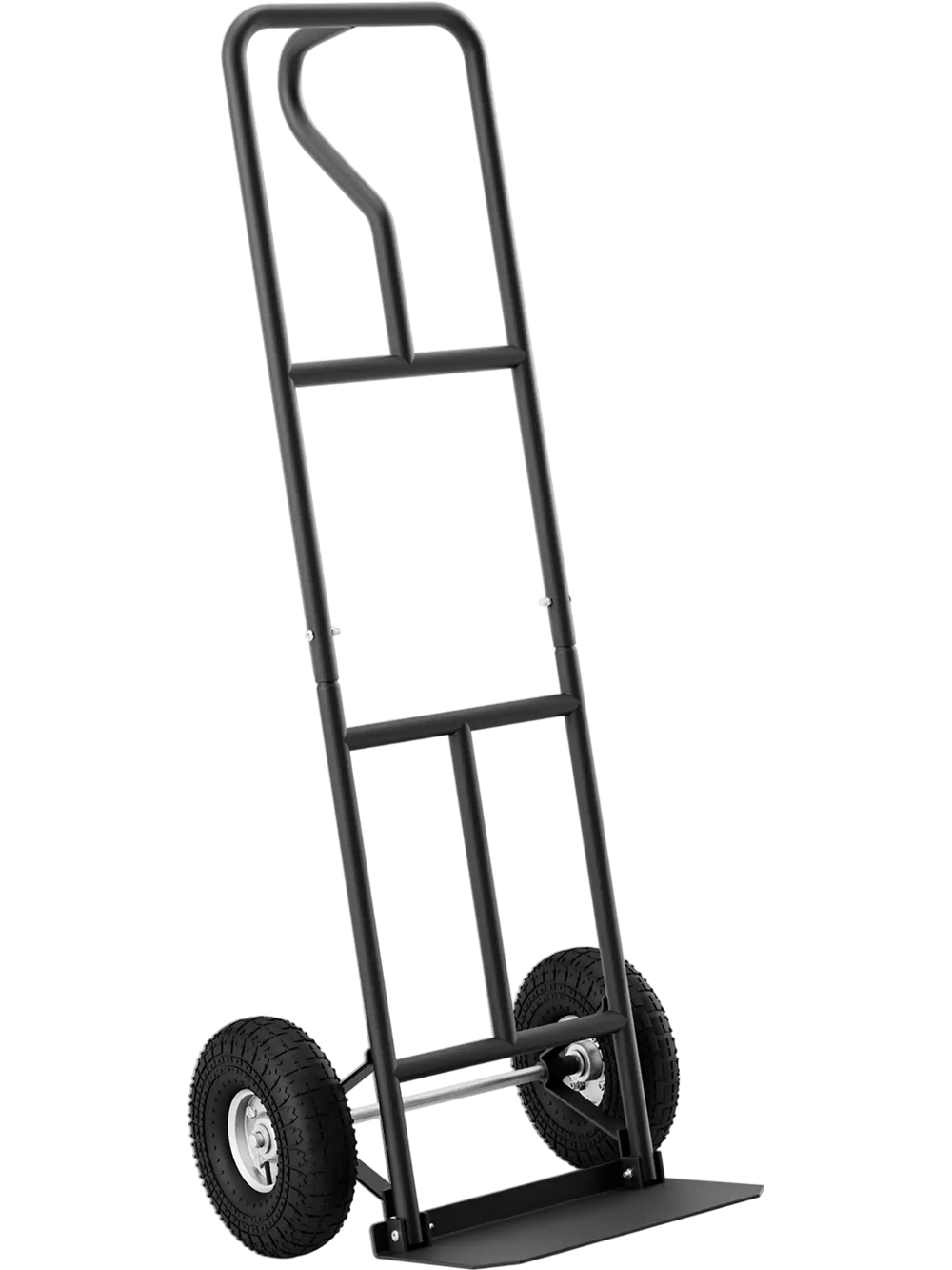 P-handle hand truck in black with foldable load plate, heavy-duty metal construction, ideal for warehouse and garage.