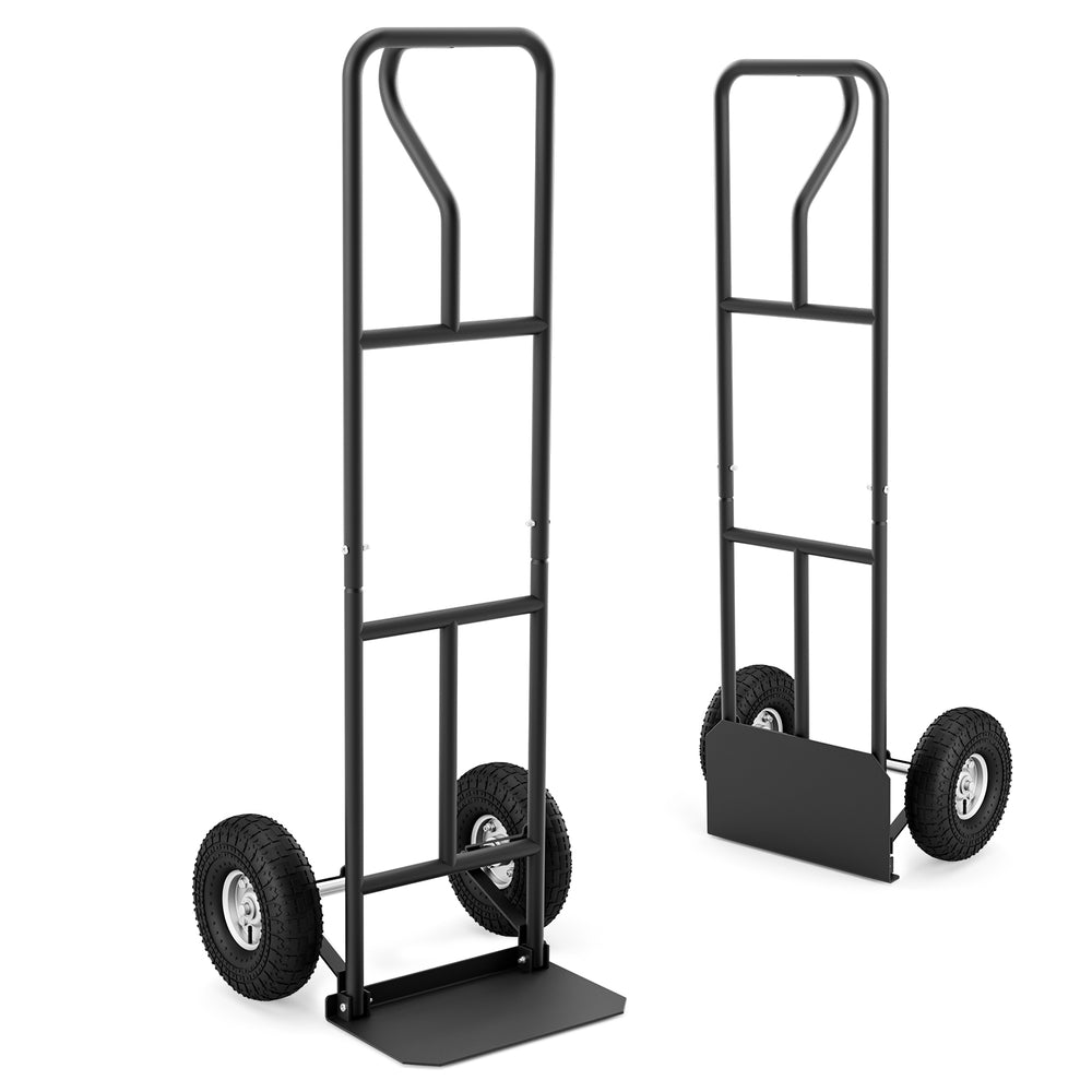 P-handle hand truck in black with foldable load plate and double bearing wheels for easy maneuvering and storage.