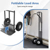 P-handle hand truck with foldable load plate, heavy-duty metal construction, ideal for warehouse and garage storage.