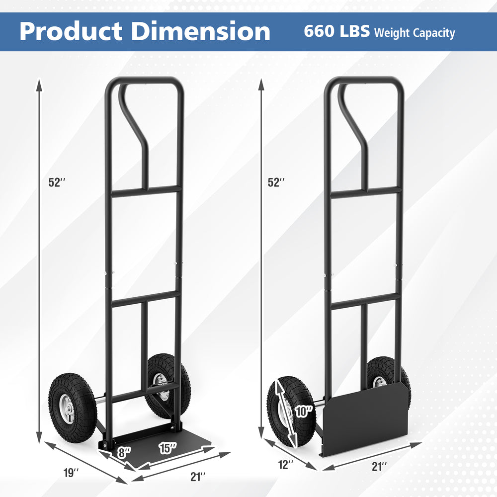 P-handle hand truck with foldable load plate, heavy-duty metal construction, 660 lbs capacity for warehouse and garage.