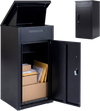 Black package delivery box with lockable door and anti-theft board, designed for secure outdoor mail and parcel storage.