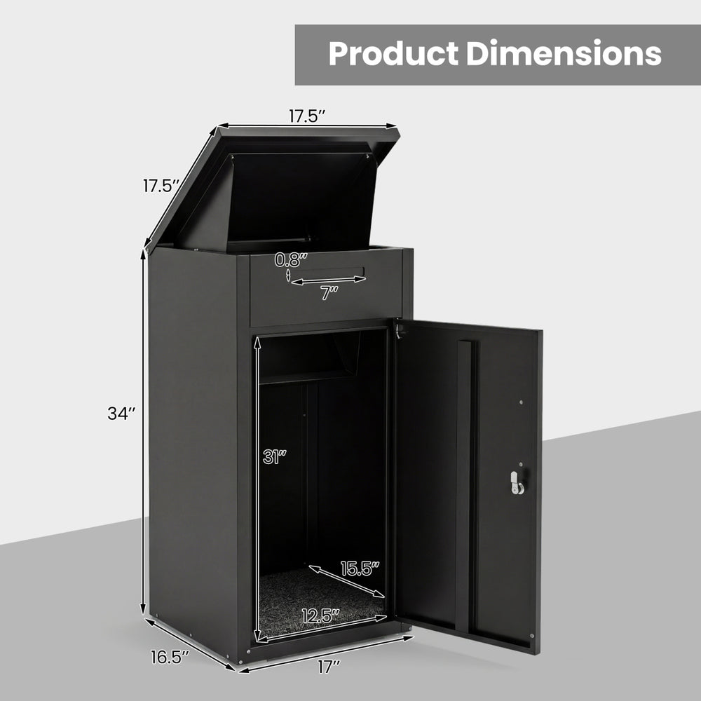 Package delivery box dimensions showing lockable door, anti-theft board, and galvanized steel construction for outdoor.