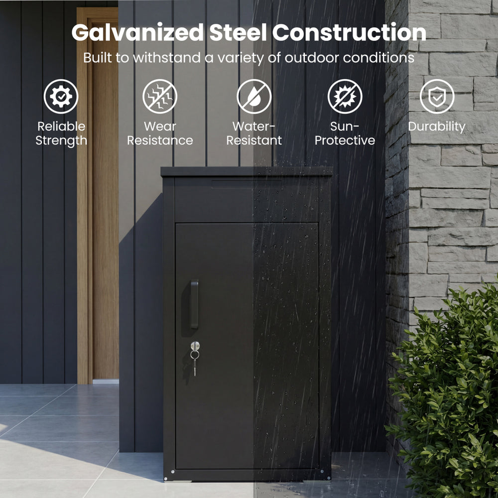 Package delivery box in black with lockable door, galvanized steel construction, designed for outdoor durability and.