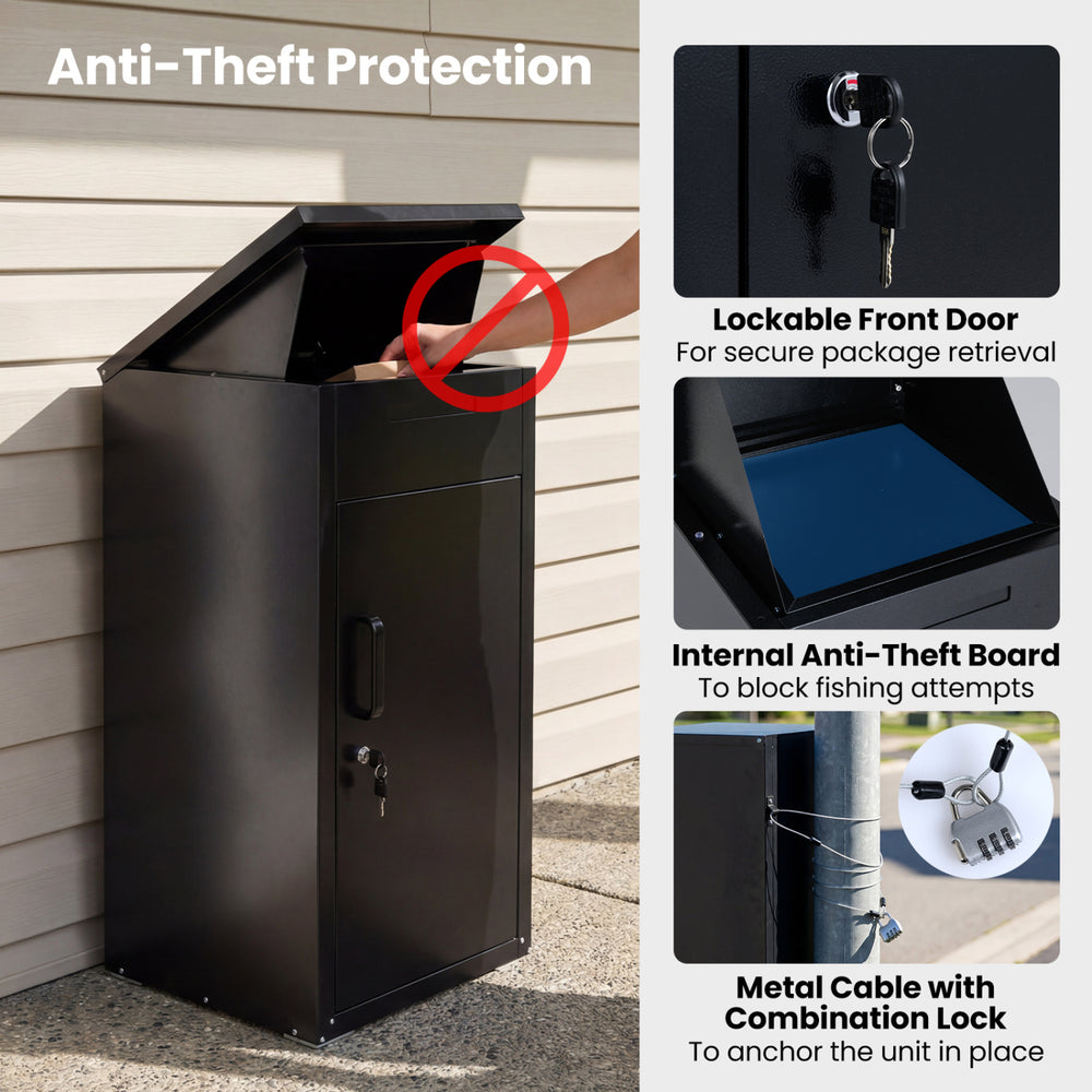 Lockable black package delivery box with anti-theft board, designed for secure outdoor storage and easy retrieval.