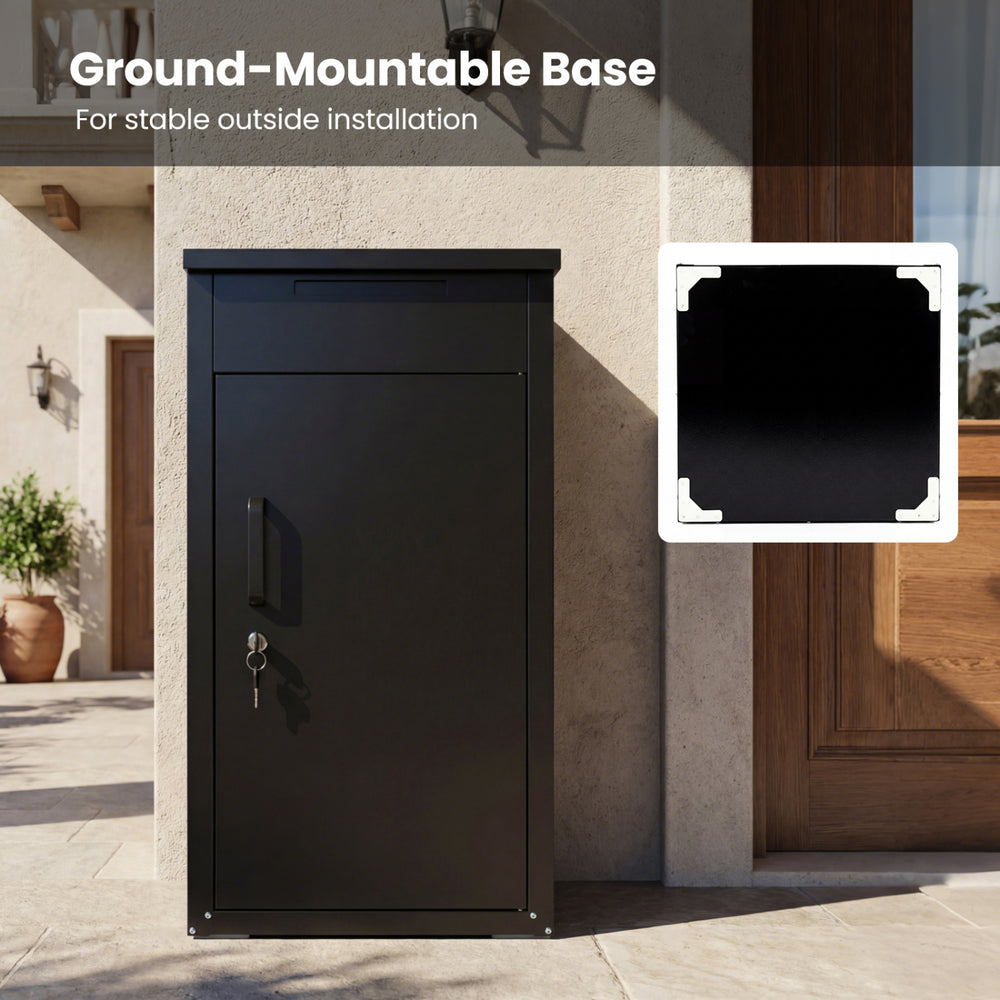 Ground-mountable package delivery box in black with lockable door and anti-theft board for secure outdoor installation.