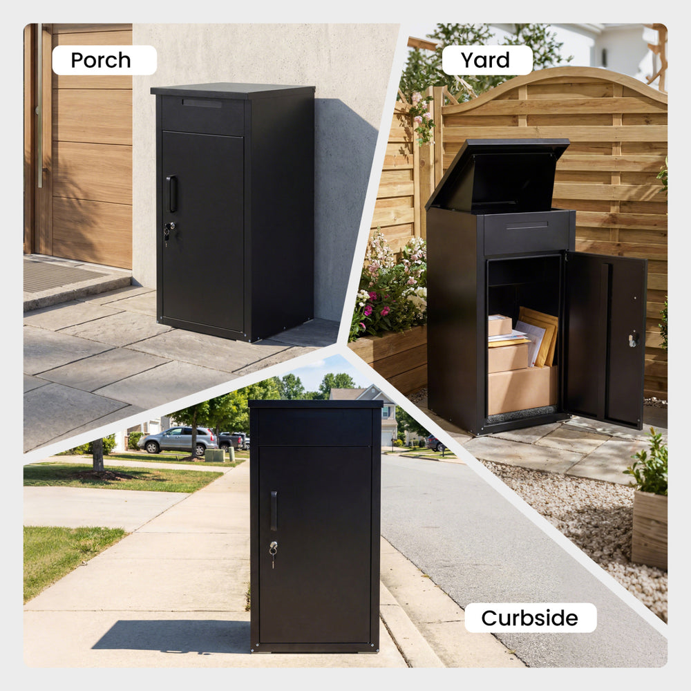 Black package delivery box with lockable door and anti-theft board, suitable for porch, yard, and curbside use.