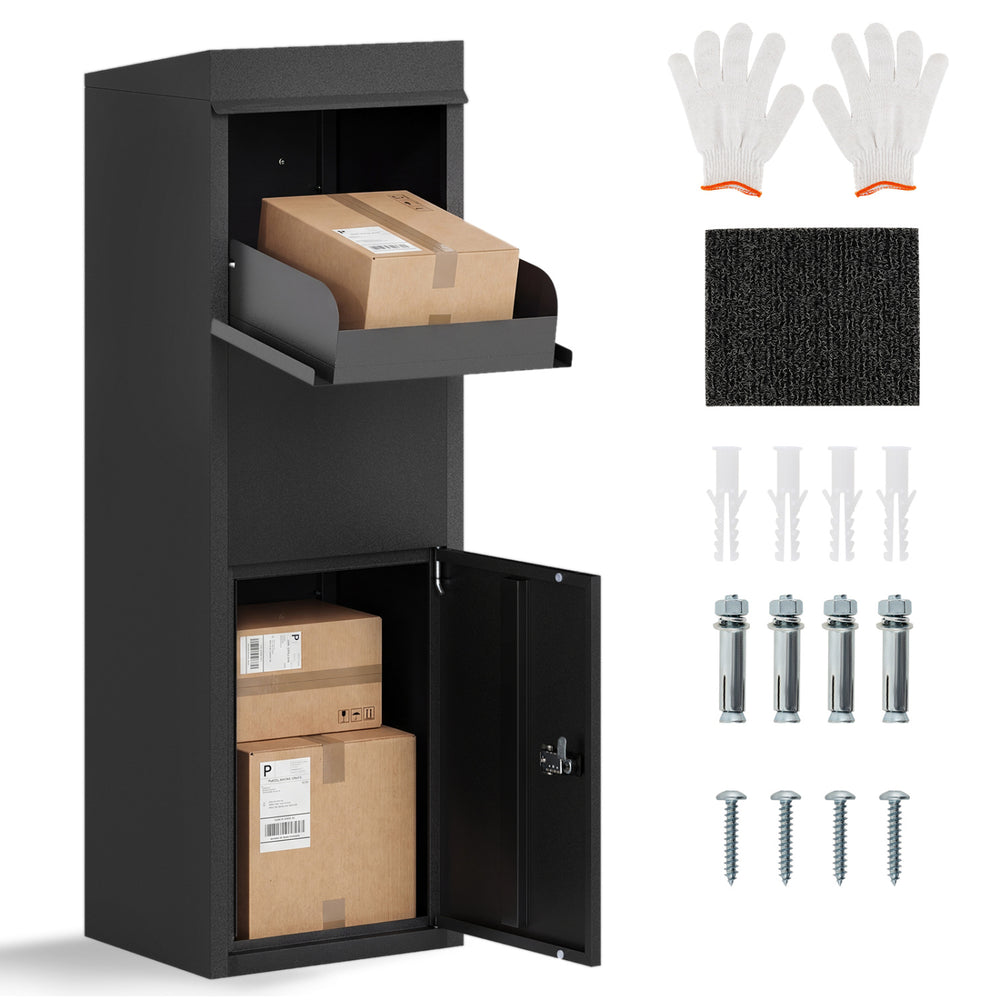 Package delivery box in black with anti-theft baffle, sloped roof, and secure coded lock for outdoor use.