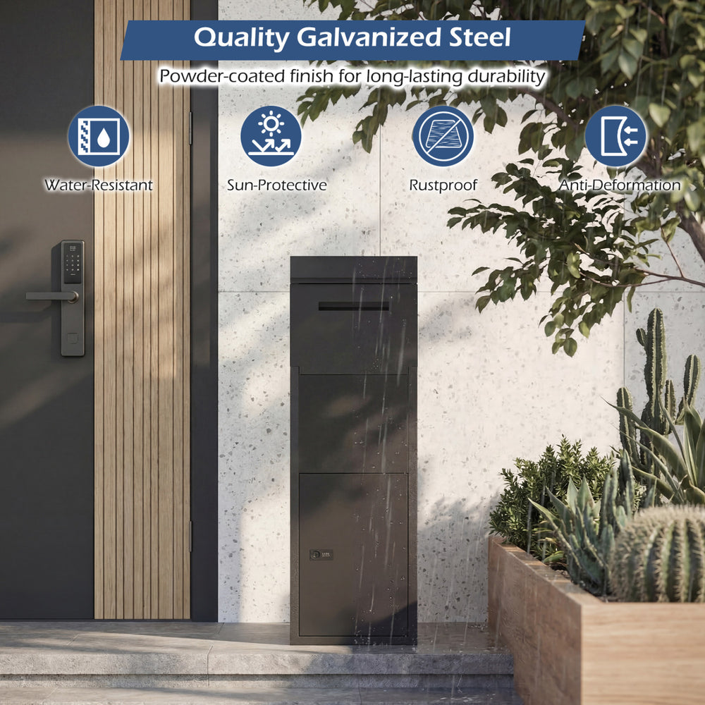 Package delivery box in black, made of galvanized steel with sloped roof, designed for secure outdoor parcel storage.