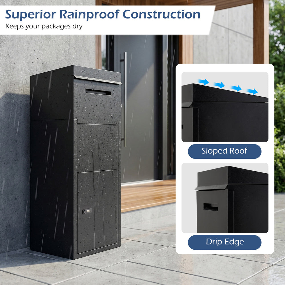 Package delivery box with sloped roof, anti-theft baffle, and rainproof construction for secure outdoor use.