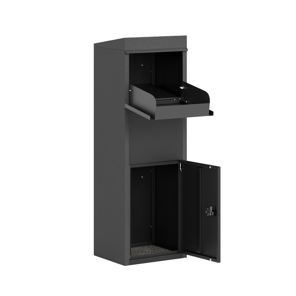 Black package delivery box with sloped roof and anti-theft baffle, ideal for secure outdoor parcel storage.