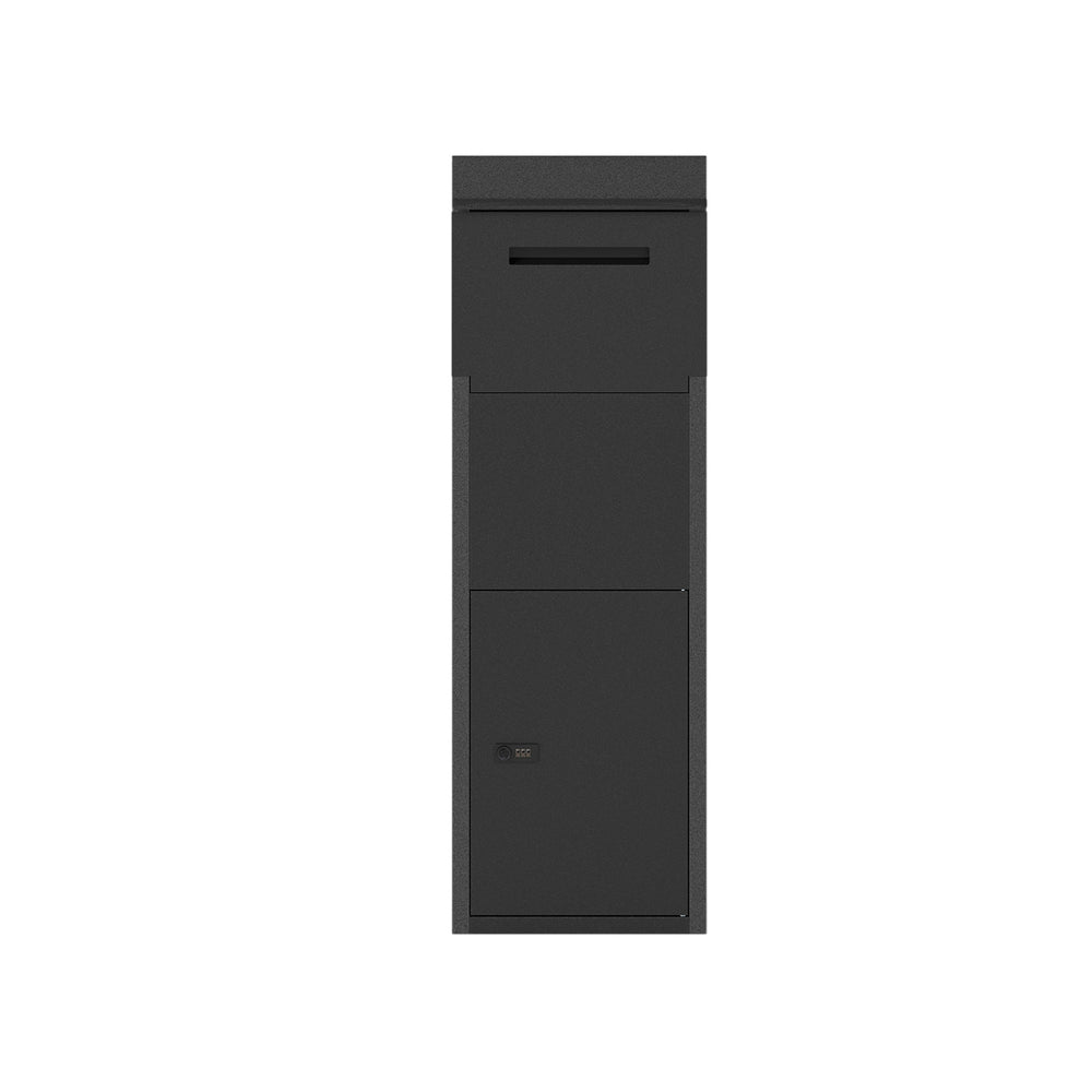 Black package delivery box with anti-theft baffle and sloped roof, designed for secure outdoor use and easy package.