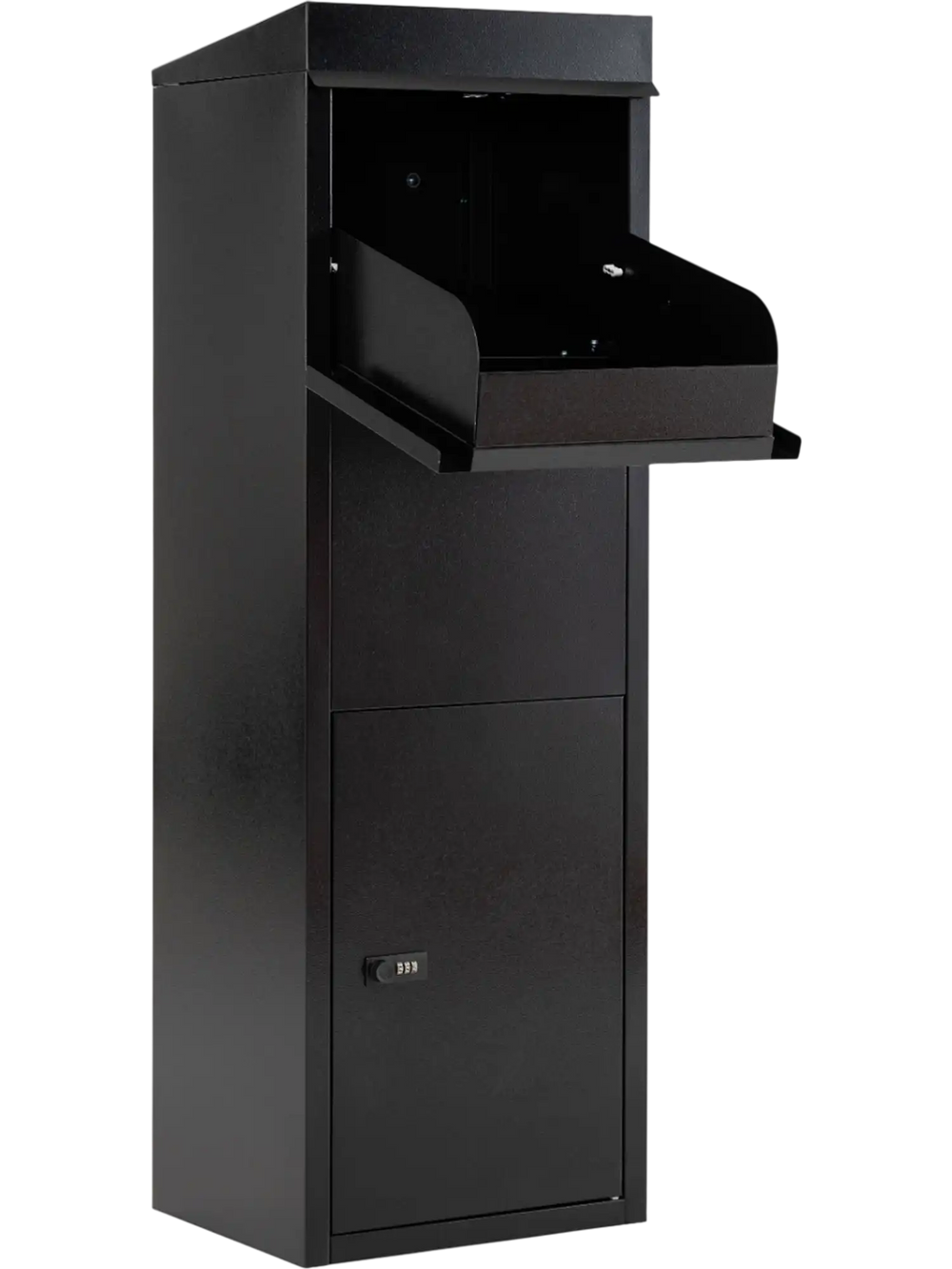 Black package delivery box with pre-drilled holes for easy wall or floor anchoring, ensuring secure outdoor.