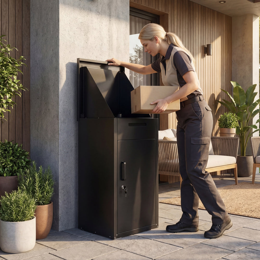 Package delivery box in black with lockable door, anti-theft board, and spacious interior for secure parcel storage.
