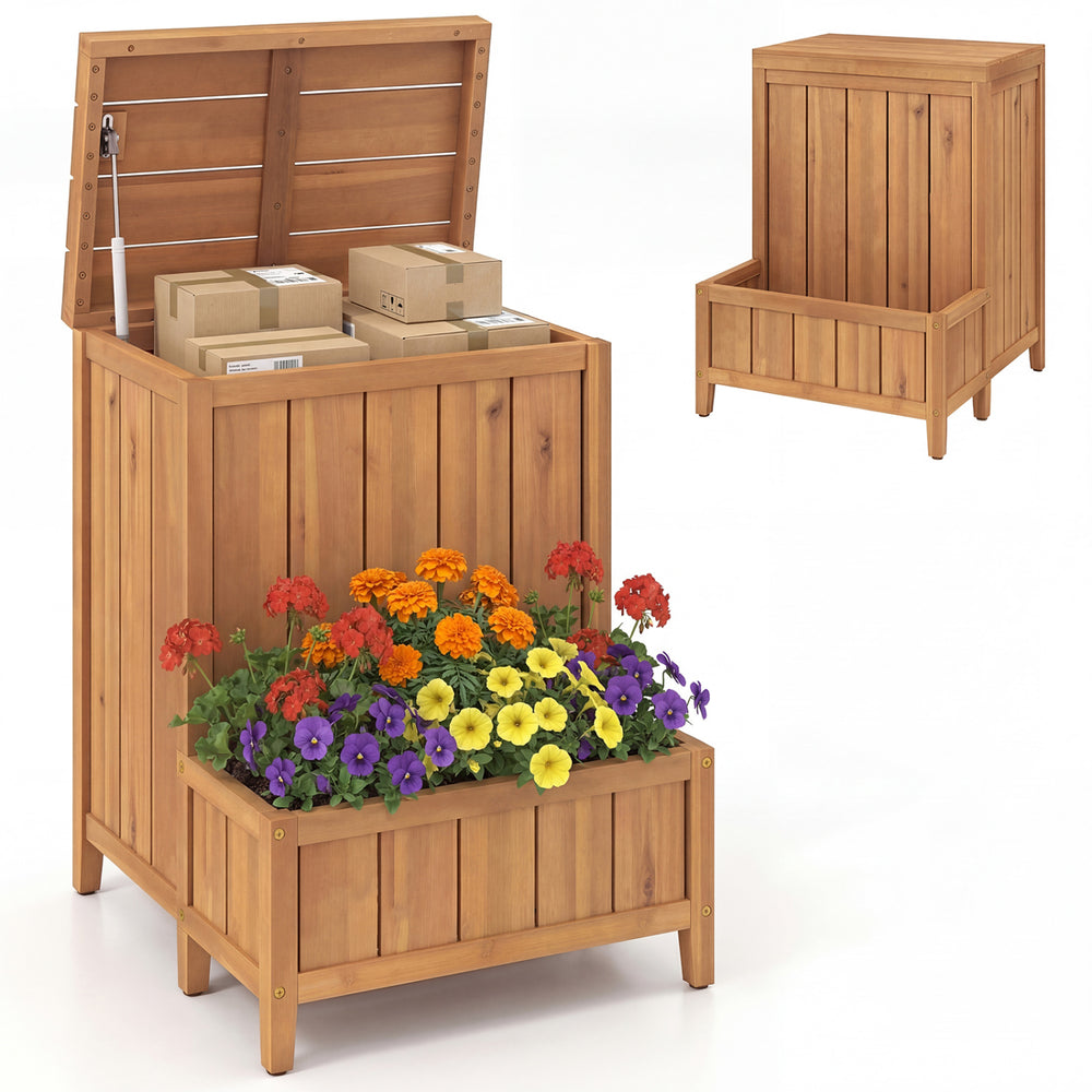 2-in-1 package delivery box and planter made of natural acacia wood, ideal for outdoor storage and gardening.