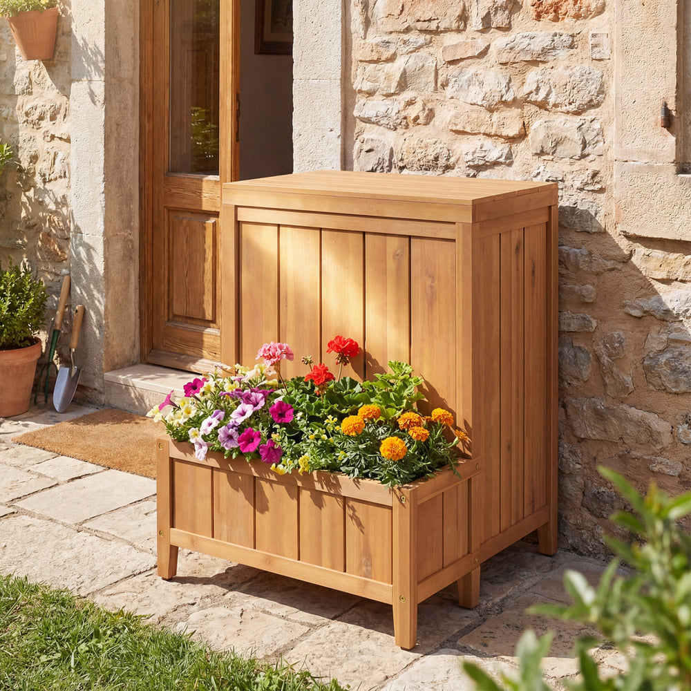 Wooden package delivery box with planter, featuring acacia wood, openable lid, and elevated legs for outdoor use.