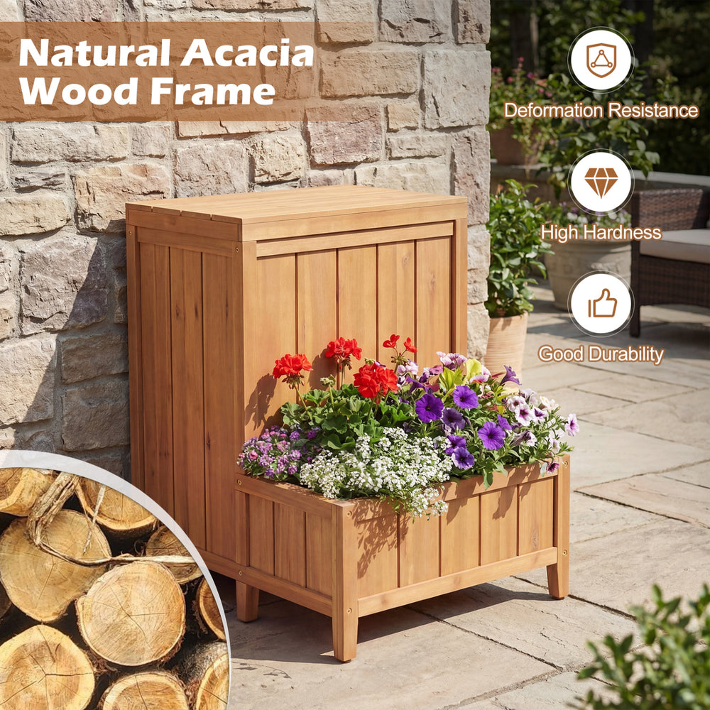Wooden package delivery box with planter, made of natural acacia wood, designed for outdoor storage and garden use.