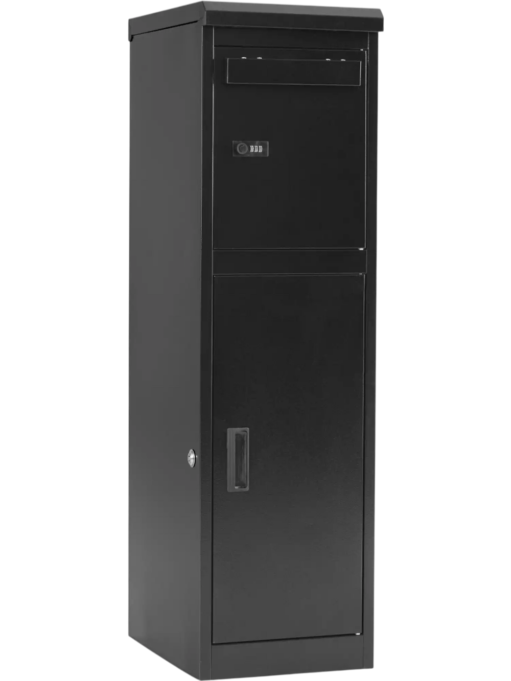 Lockable black package delivery box with separate compartments and mail slot, ideal for outdoor use and theft.