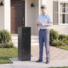 Black package delivery box with lockable doors, featuring separate compartments for mail and packages, ideal for.