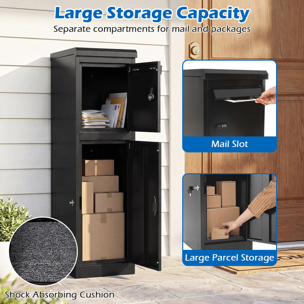 Package delivery box with lockable doors, large storage capacity, and mail slot for secure outdoor use.