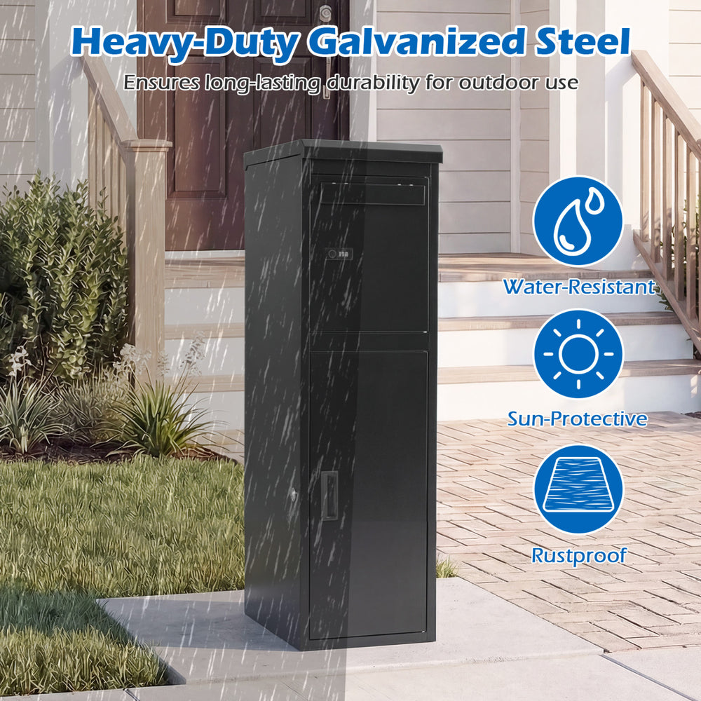 Package delivery box in black made of heavy-duty galvanized steel, featuring lockable doors for outdoor security.