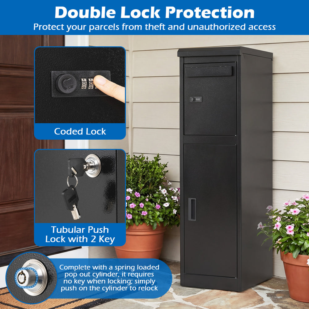 Black package delivery box with coded lock and large storage capacity, ideal for outdoor use on porches or yards.