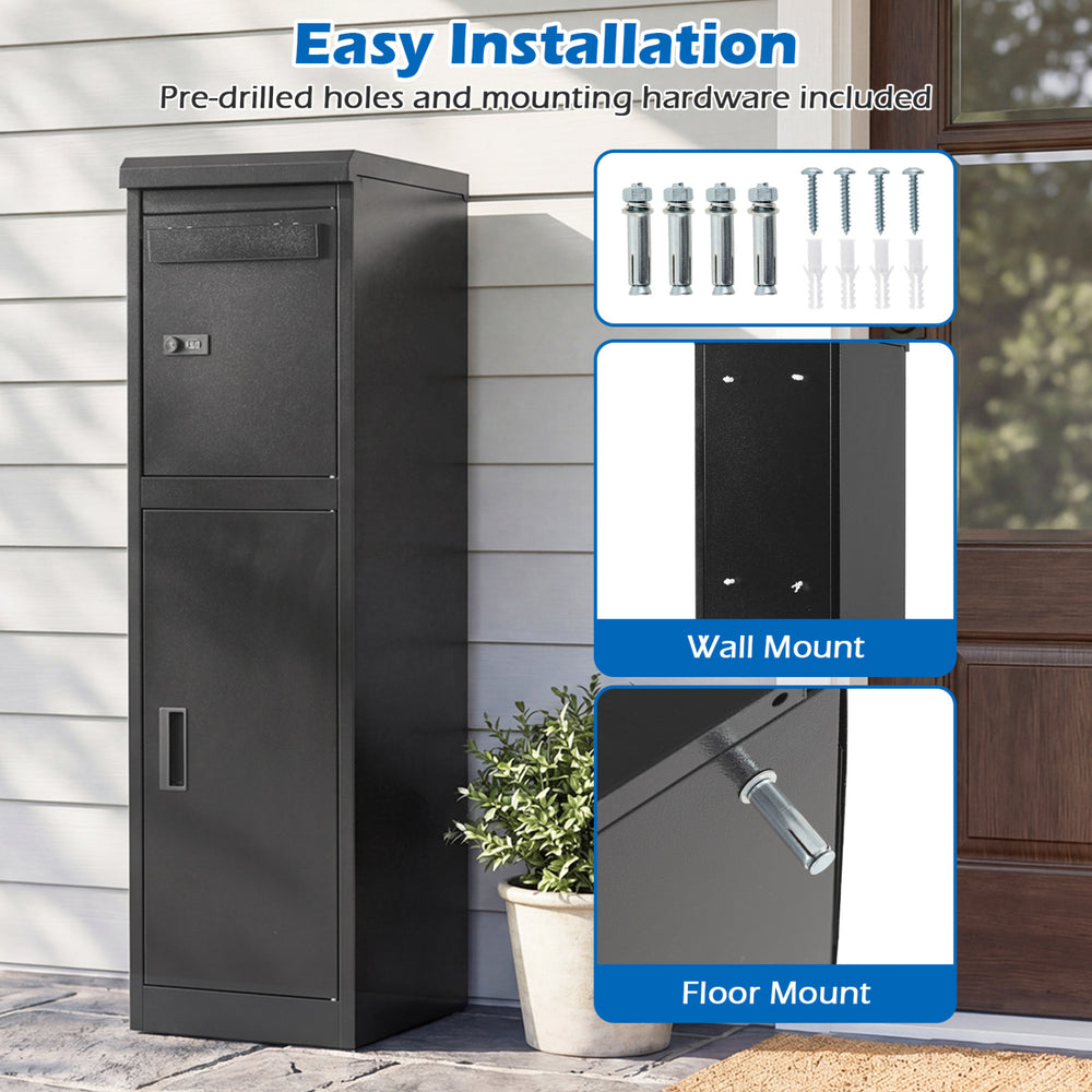 Package delivery box with lockable doors, made of galvanized steel, ideal for outdoor use, featuring easy installation.