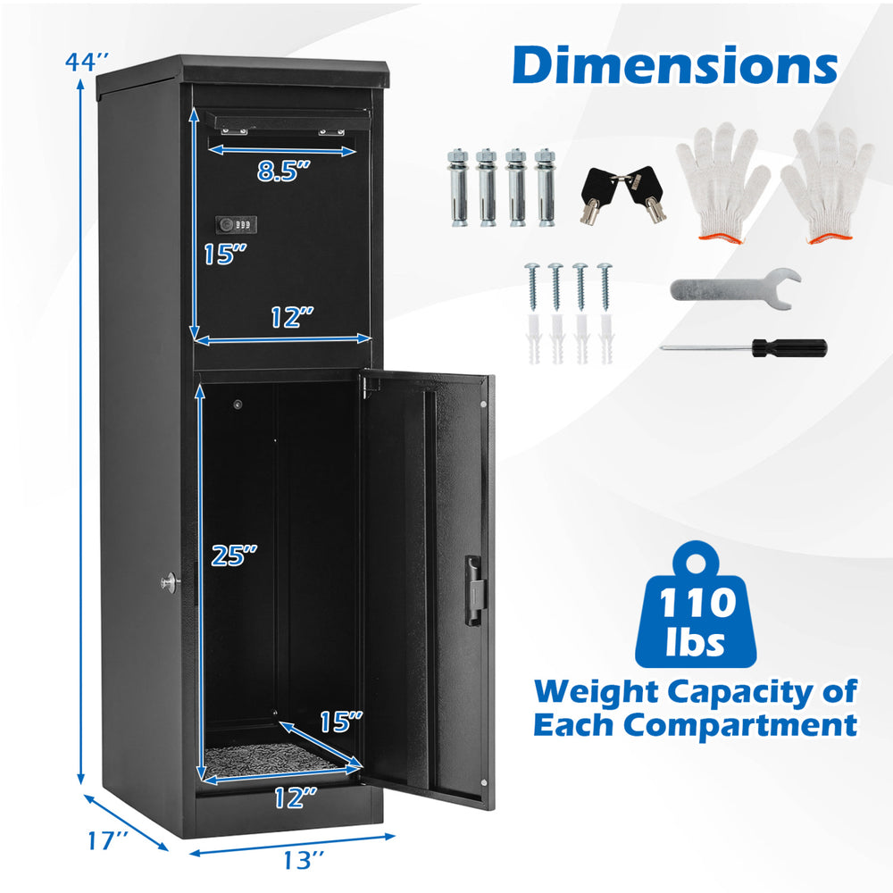 Package delivery box with lockable doors, heavy-duty galvanized steel, 110 lbs capacity, ideal for outdoor use.