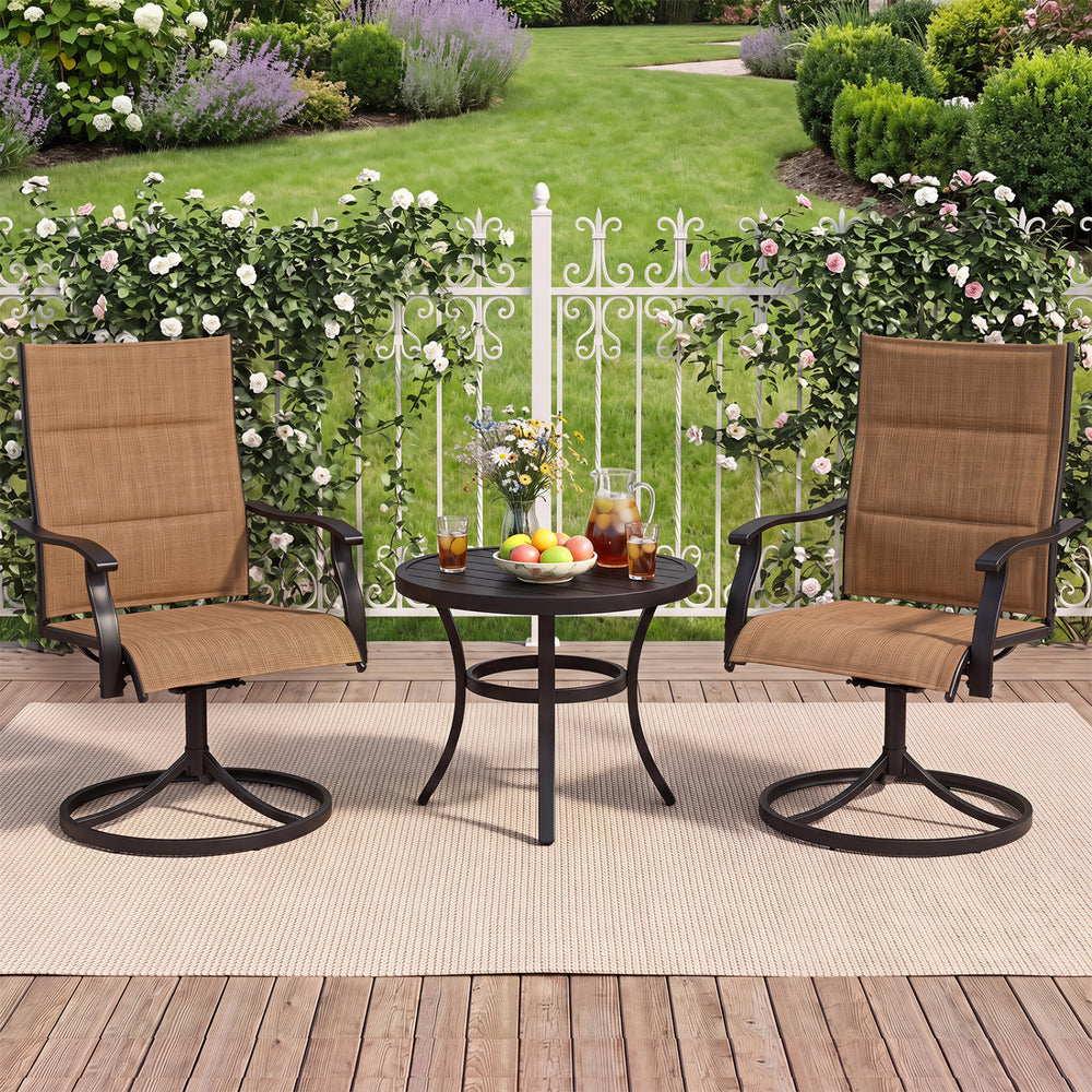 Light brown padded patio swivel chairs set of 2 with ergonomic design, ideal for outdoor relaxation on decks or patios.