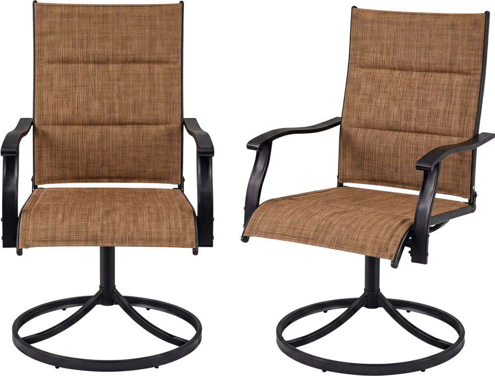 Set of 2 ergonomic light brown padded patio swivel chairs with breathable fabric and a sturdy metal frame for outdoor use.
