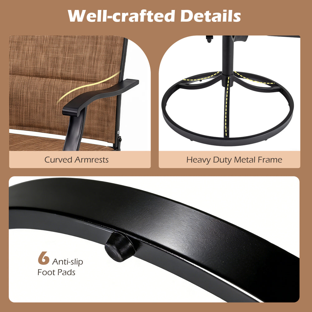 Detail of the padded patio swivel chair showing the heavy-duty metal frame and anti-slip foot pads for stability.