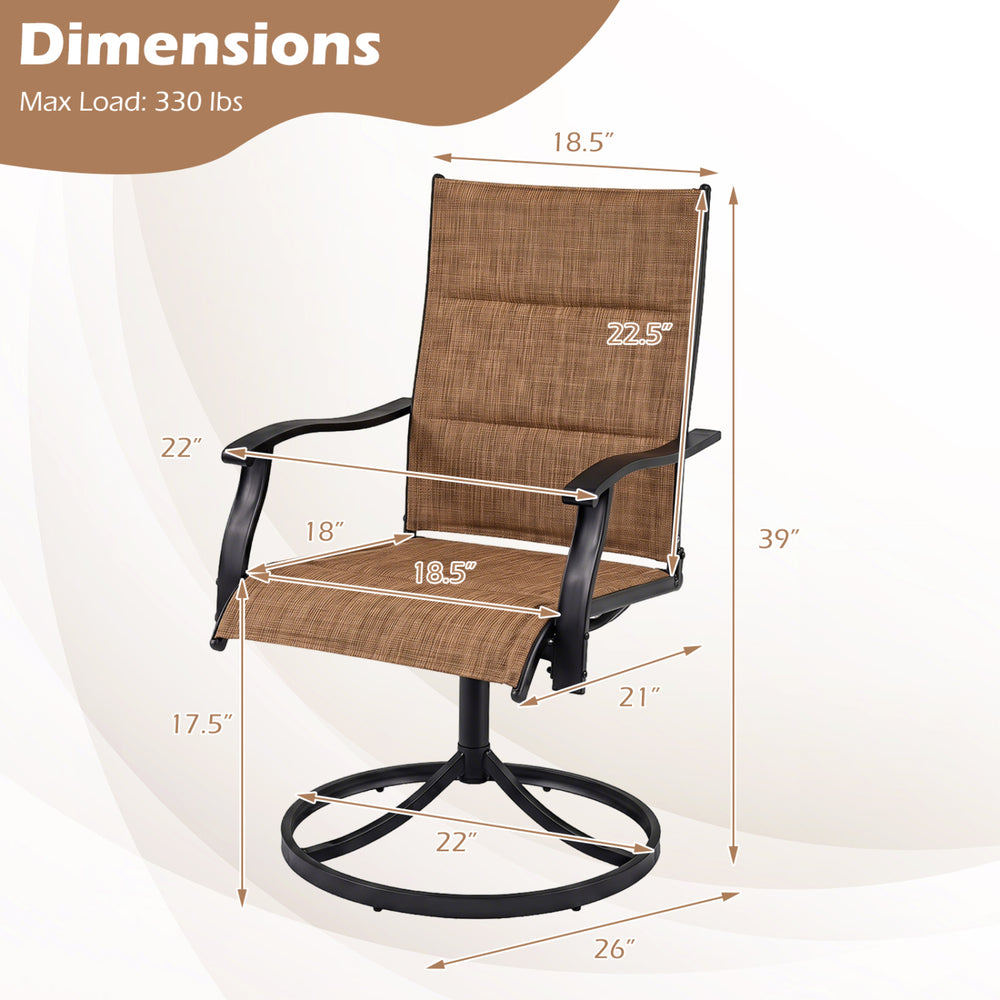 Light brown padded patio swivel chair with ergonomic design, 360-degree swivel, and breathable fabric for outdoor comfort.