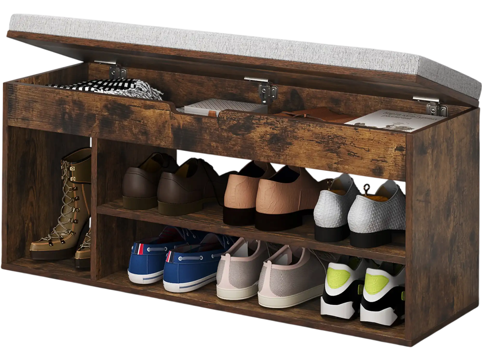 Costway Padded Seat Shoe Storage Bench Hidden Storage 3 Open Shelves Coffee 472536189 New