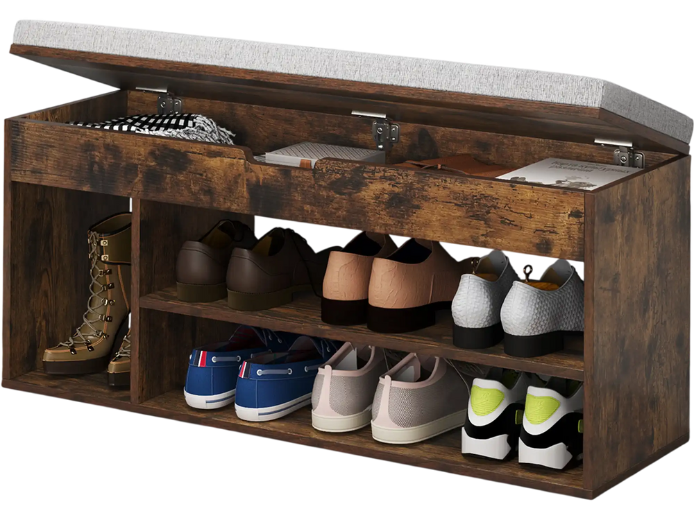 Padded seat shoe bench in coffee with hidden storage and three open shelves, perfect for hallways or bedrooms.