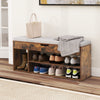 Padded seat shoe bench in coffee finish with hidden storage and three open shelves for versatile hallway organization.