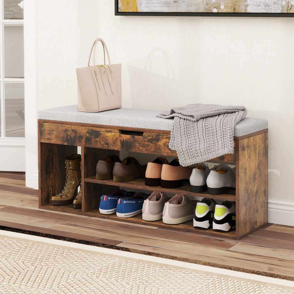 Padded seat shoe bench in coffee finish with hidden storage and three open shelves for versatile hallway organization.