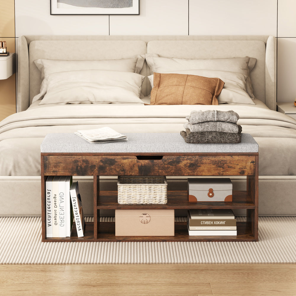 Padded seat shoe bench in coffee with hidden storage, three open shelves, and a soft cushion for versatile use.