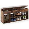 Padded seat shoe bench with hidden storage, three open shelves, and a comfortable cushion for versatile hallway use.