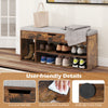 Padded seat shoe bench in coffee with hidden storage, three open shelves, and anti-slip foot pads for stability.