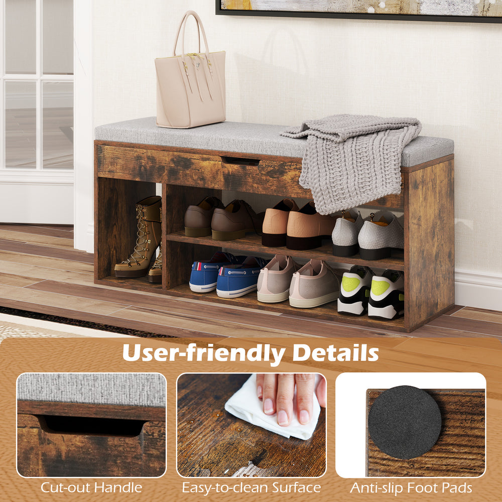 Padded seat shoe bench in coffee with hidden storage, three open shelves, and anti-slip foot pads for stability.