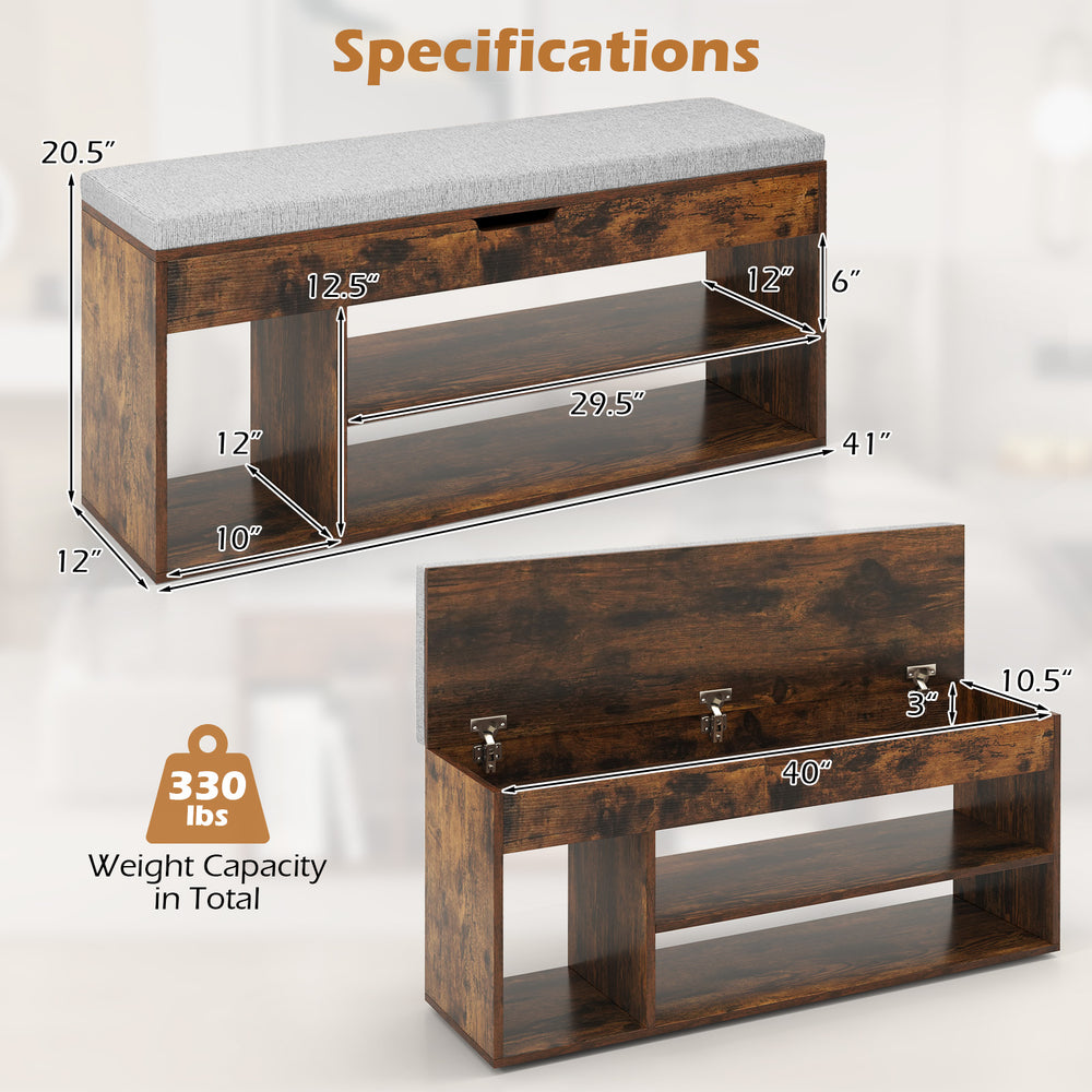 Padded seat shoe bench with hidden storage, three open shelves, and a coffee finish, ideal for hallways or living rooms.
