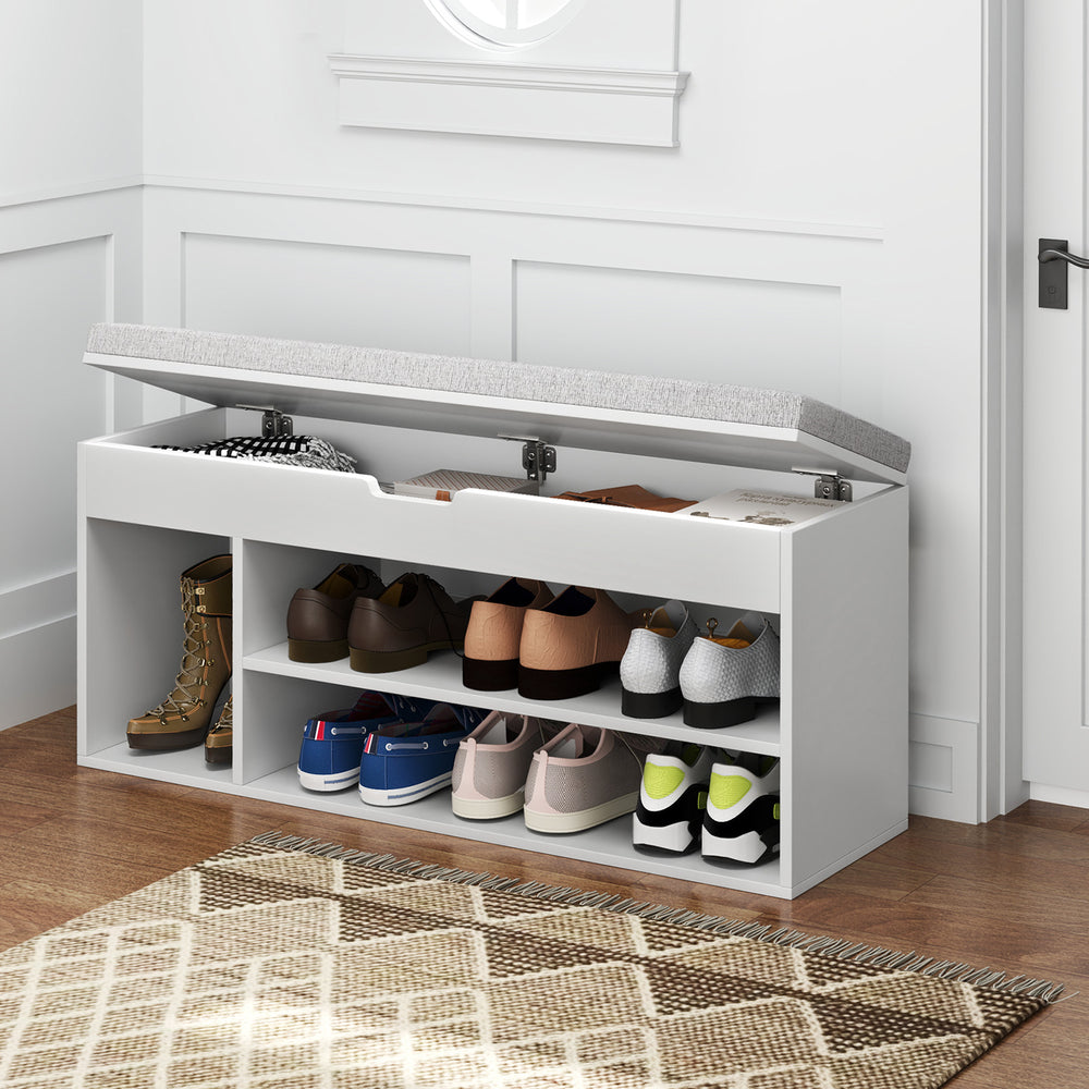 Padded Seat Shoe Bench with Hidden Storage and 3 Open Shelves-White - Gallery View 1 of 10