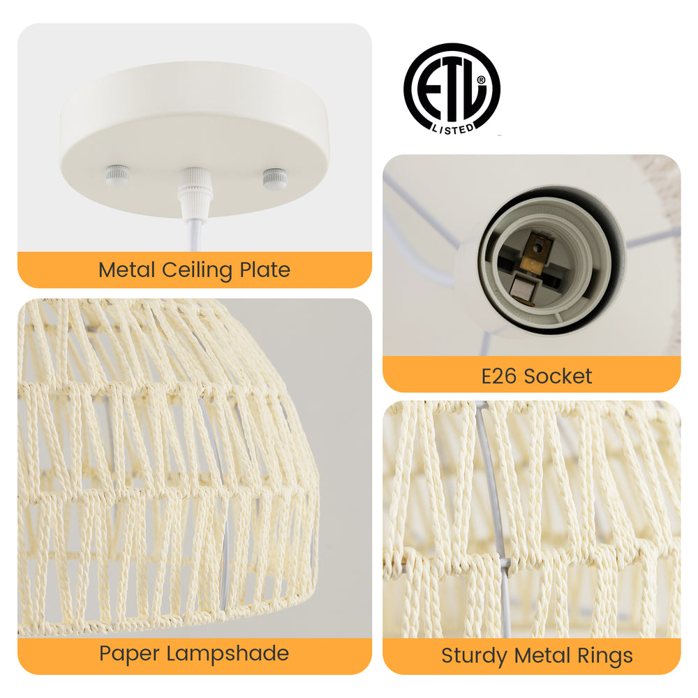 Beige farmhouse rattan pendant light featuring a paper lampshade, adjustable rope, and sturdy metal rings for versatile.