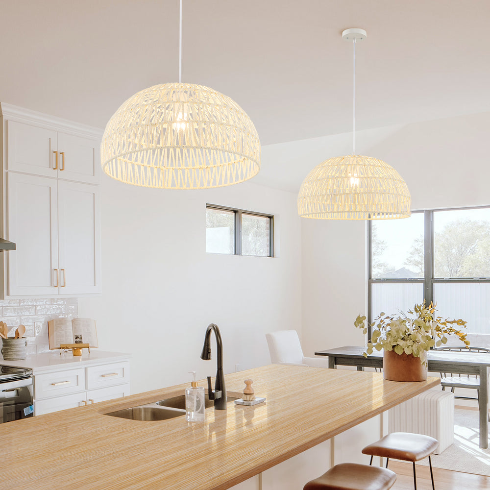 Beige farmhouse rattan pendant lights with adjustable hanging rope, perfect for kitchen or living room decor.