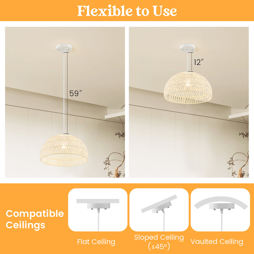 Farmhouse rattan pendant light with adjustable 12"-59" hanging rope, suitable for flat, sloped, and vaulted ceilings.