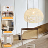 Beige farmhouse rattan pendant light with adjustable hanging rope, perfect for living room, bedroom, or kitchen decor.