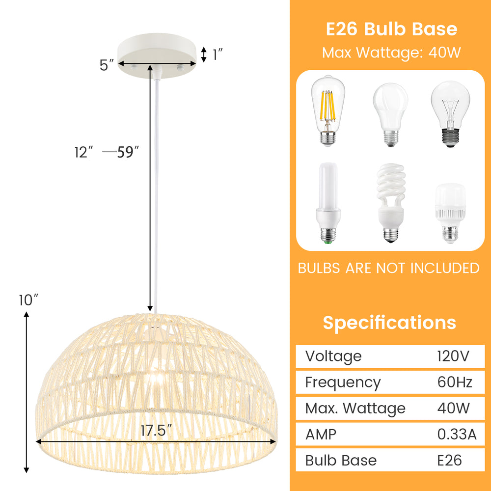Beige farmhouse rattan pendant light with adjustable 12"-59" hanging rope, ideal for living room and kitchen decor.
