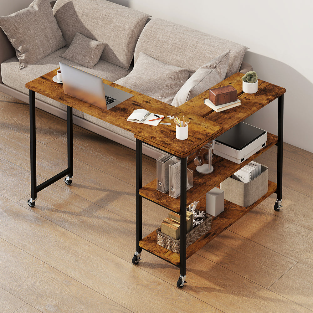 Patented Large 360-Degree Free Rotating Sofa Side Table with Wheels and Storage Shelf-Brown - Gallery View 1 of 11